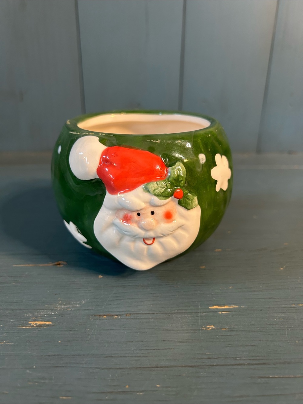 Green Santa Ceramic Holiday Planter with Red Hat
